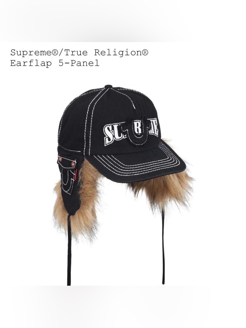 Supreme x True Religion Black 5-Panel Earflap Cap with Faux Fur Trim